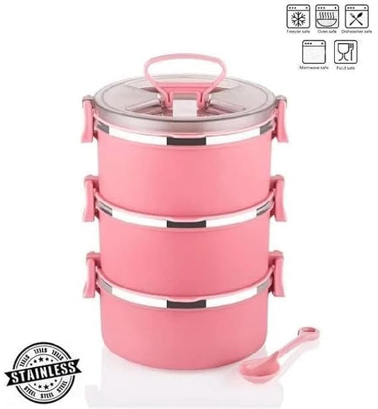 2heet r Big Bite 3-Compartment Airtight Lunch Box with Push Lock & Handle – Microwave-Safe, Food-Grade Steel & Plastic