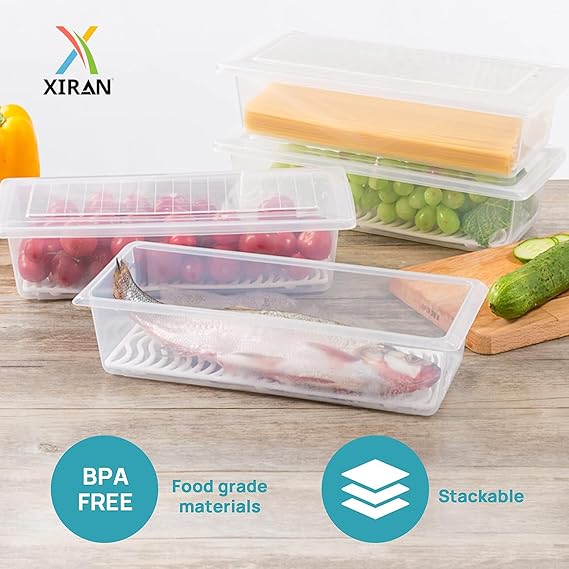 Xiran 6 Fridge Storage Boxes Fridge Organizer With Removable Drain Plate&Lid Stackable Fridge Storage Containers Plastic Freezer Storage Containers For Fish,Meat,Vegetables,Fruits(1500Ml),Transparent