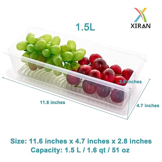 Xiran 6 Fridge Storage Boxes Fridge Organizer With Removable Drain Plate&Lid Stackable Fridge Storage Containers Plastic Freezer Storage Containers For Fish,Meat,Vegetables,Fruits(1500Ml),Transparent