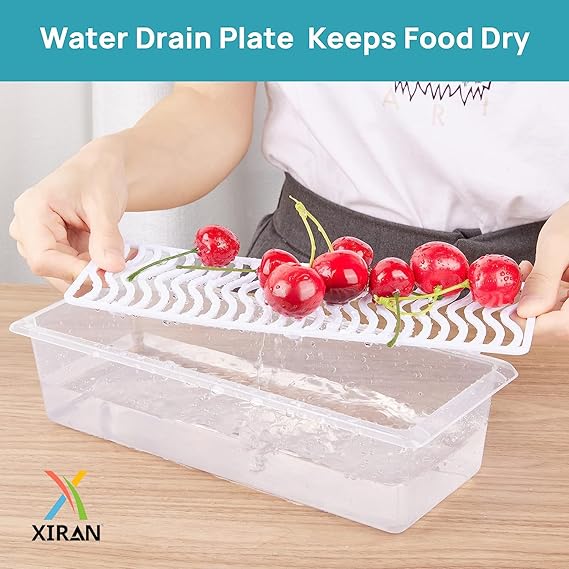 Xiran 6 Fridge Storage Boxes Fridge Organizer With Removable Drain Plate&Lid Stackable Fridge Storage Containers Plastic Freezer Storage Containers For Fish,Meat,Vegetables,Fruits(1500Ml),Transparent